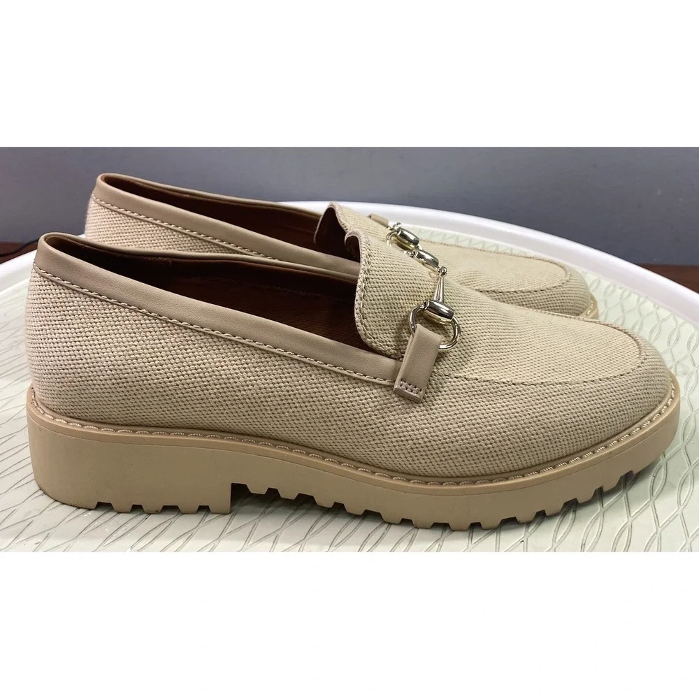 Franco Sarto Cason Women Loafers Natural Tan Canvas Slip On Shoes Horsebit 7.5 M